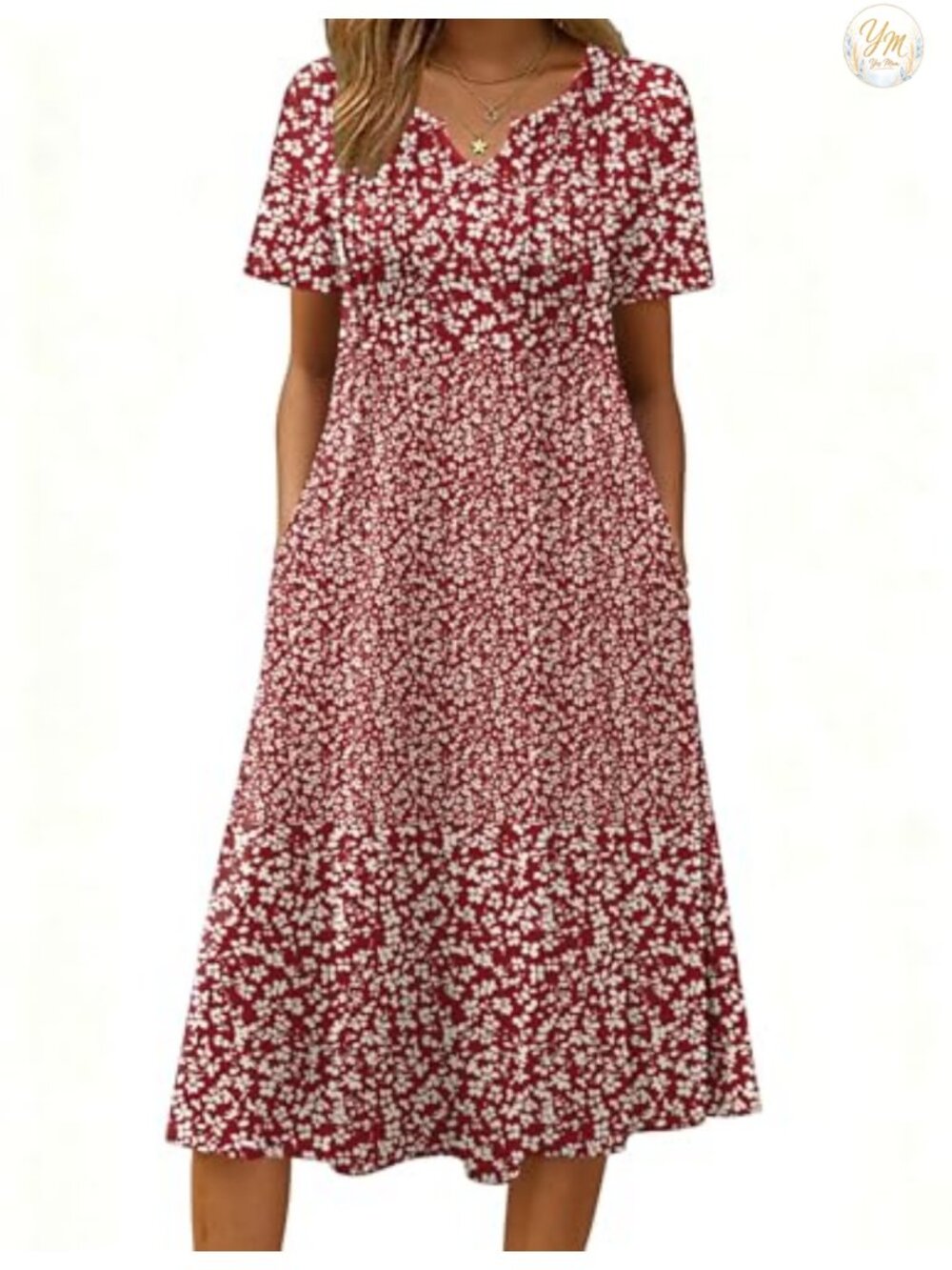 Women's Flowy A-Line Midi Dress with Pockets Short Sleeve V-Neck Summer